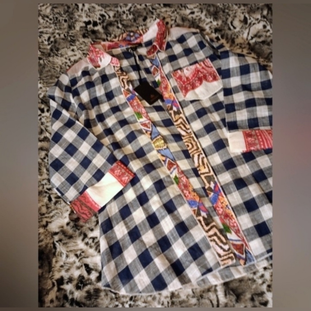 Bohemian Plaid Shirt & Patchwork Trim - Blue & White- Women's